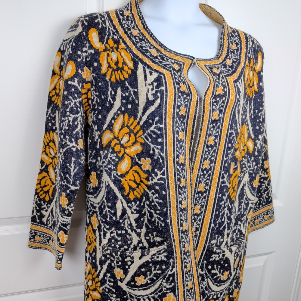 Floral Tapestry Cardigan Sweater Navy Blue Mustard Yellow Bold Boho Cottage Folk